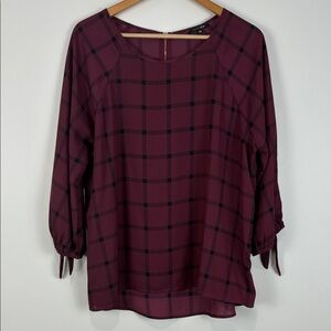 Papermoon Women’s XXL Burgundy Plaid Blouse 3/4 Sleeve Round Hem Workwear